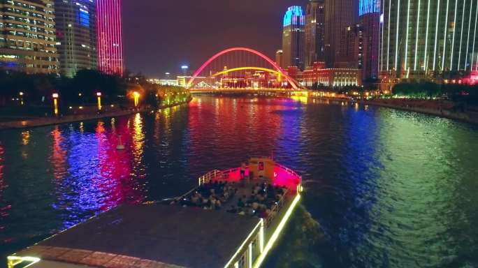 航拍天津市海河津塔夜景游船大沽桥解放桥