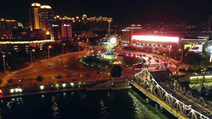 航拍天津市海河沿岸夜景解放桥世纪钟