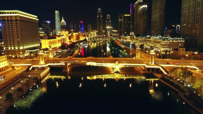 航拍天津市河东区海河大光明桥夜景