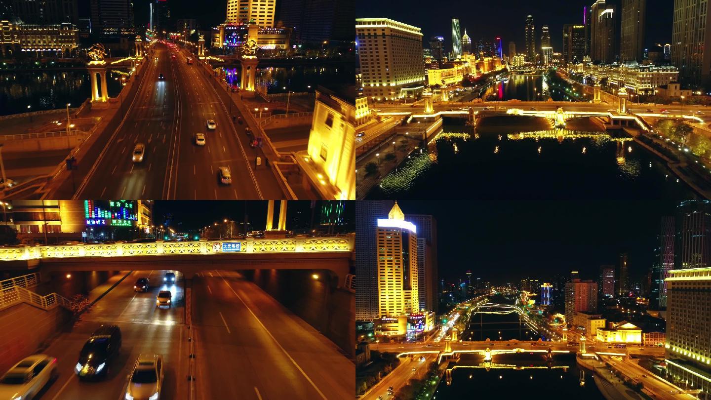 航拍天津市河东区海河大光明桥夜景