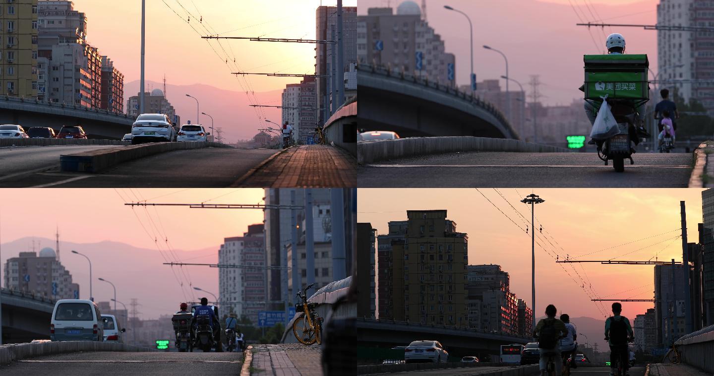 城市北京，夕阳骑车背影4k,