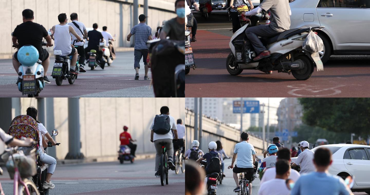 早晨北京街道，上班，戴口罩人群，骑车