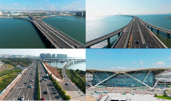 4K航拍跨海大桥青岛北站环湾路车流交通