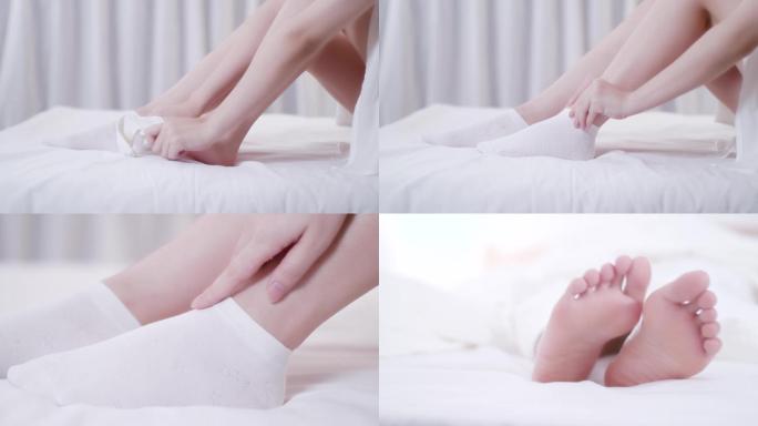 女孩在床上穿袜子，脚丫子特写，美腿4k