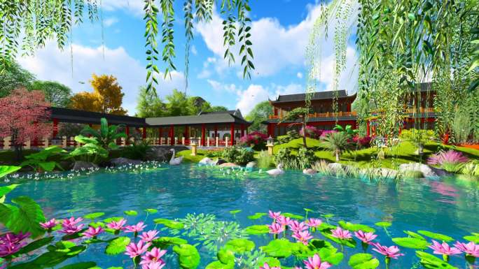 中国风古建御花园池塘景观动画-白天