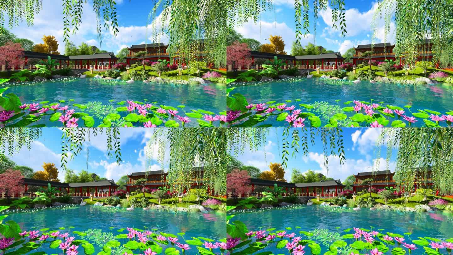 中国风古建御花园池塘景观动画-白天
