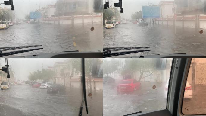 迪拜街景，城市被淹，发水