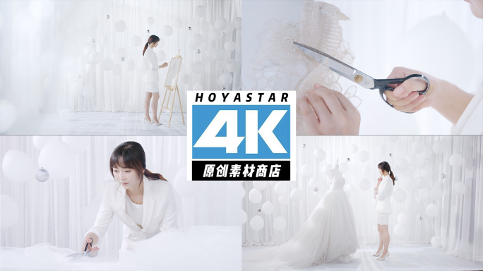 4K干净白色场景婚纱设计师裁剪服装
