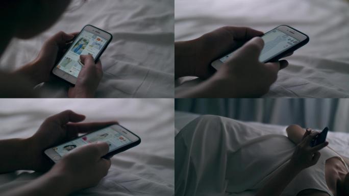 美女晚上躺在床上玩手机逛淘宝4k视频素材