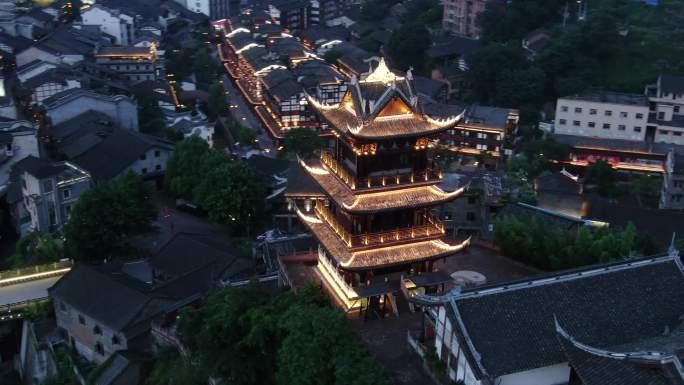 航拍夜幕安居古镇夜景旅游区景点