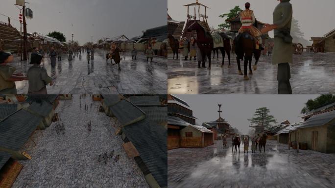 古代古人下雨天赶集大场景