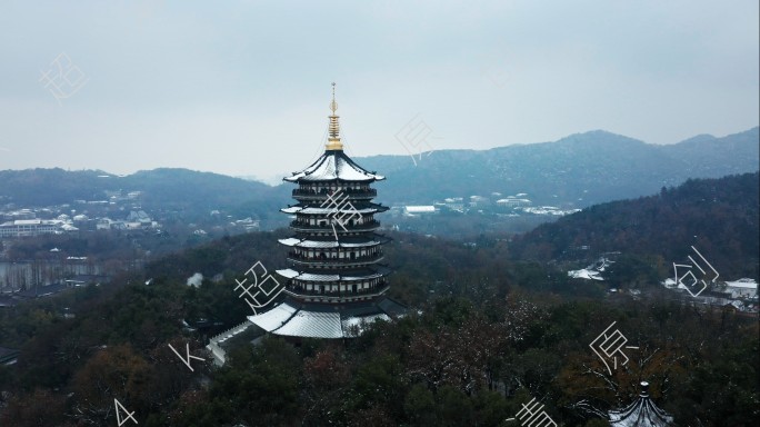 4k杭州西湖雷峰塔航拍雪景