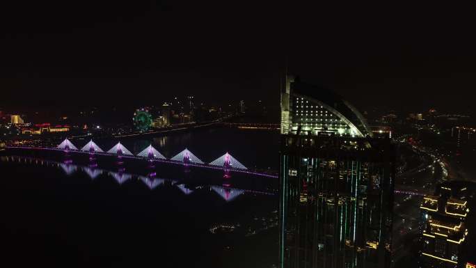 夜景南昌城市赣江边航拍一江两岸