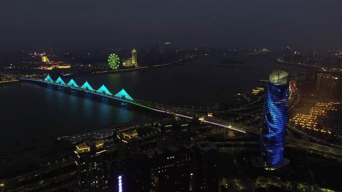 夜景南昌城市赣江边航拍一江两岸