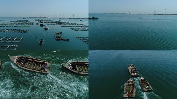 航拍海滩海水绿色海岸水产养殖