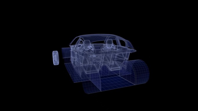 三维科技感全息黑幕线框汽车装配旋转动画