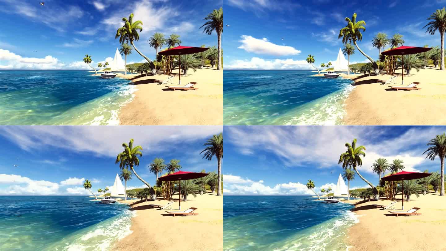 蓝天白云沙滩椰树海景动画