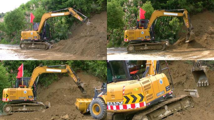 地灾塌方山体滑坡挖掘机装载机公路抢险实拍