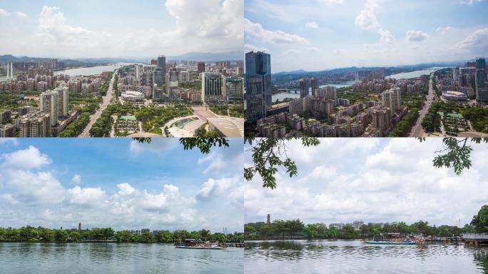 城市白云车流西湖湖面涟漪4K光影延时实拍