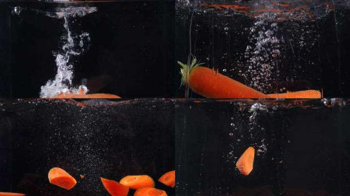 蔬菜水果胡萝卜红胡萝卜落入水中升格特写