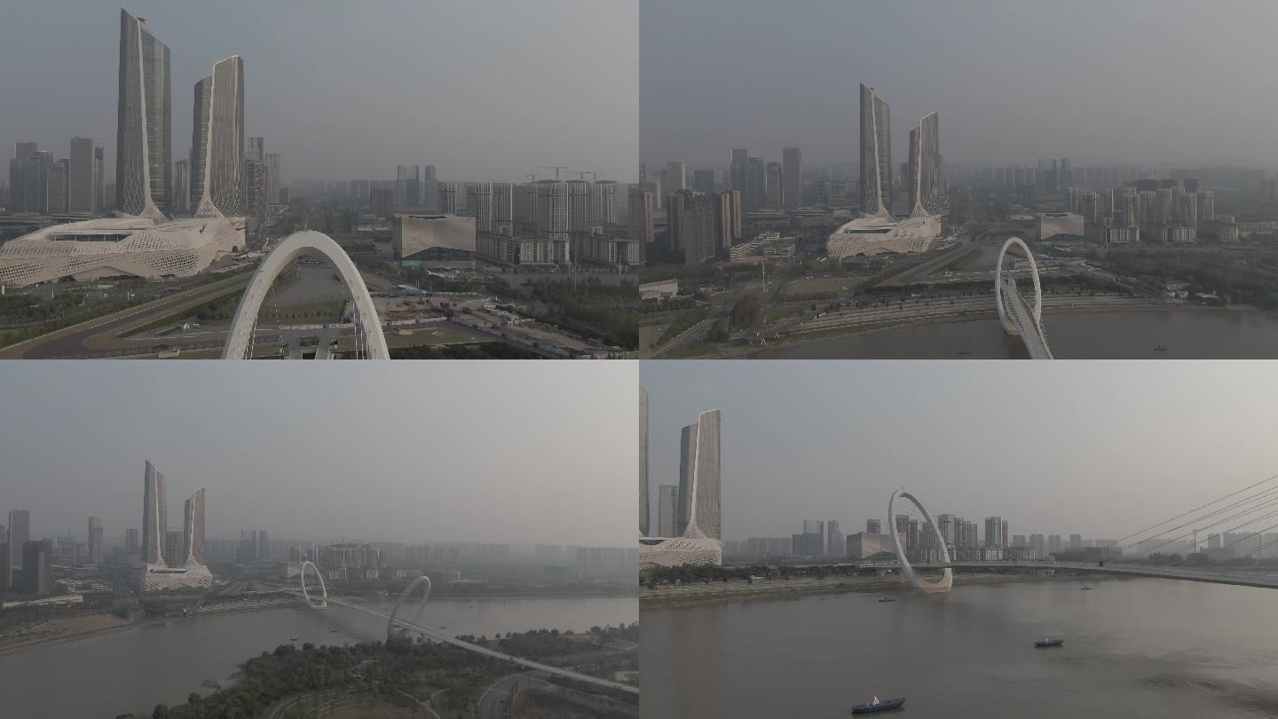 南京眼步行桥双子塔4k航拍镜头穿过桥眼