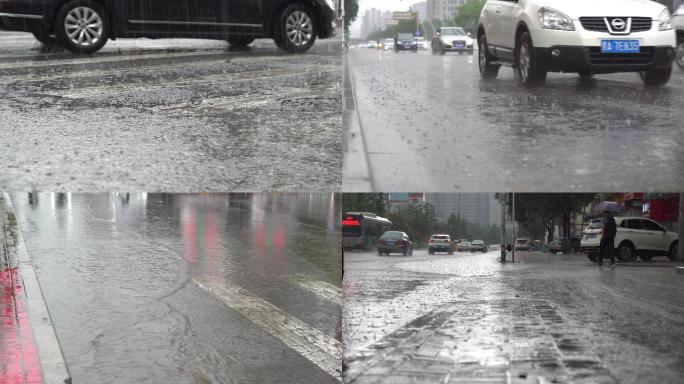 城市街道暴雨车流行人