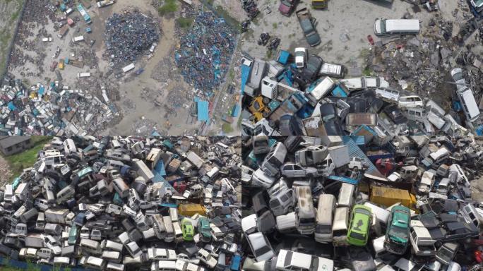 废品收购站的报废汽车航拍视频