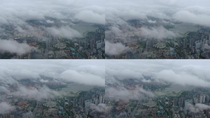 航拍4k云雾中的武汉