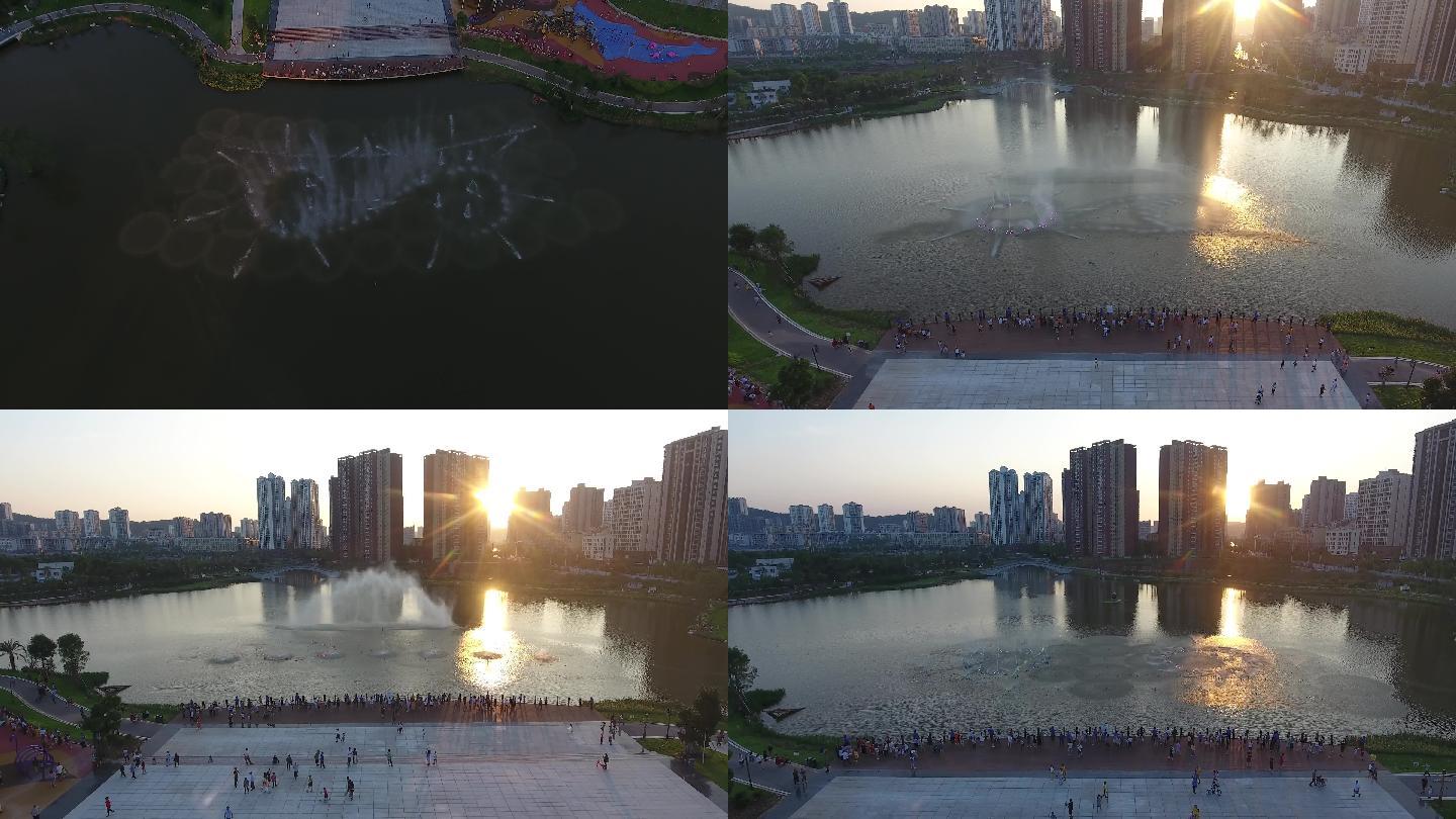 重庆大足香国公园夕阳喷泉