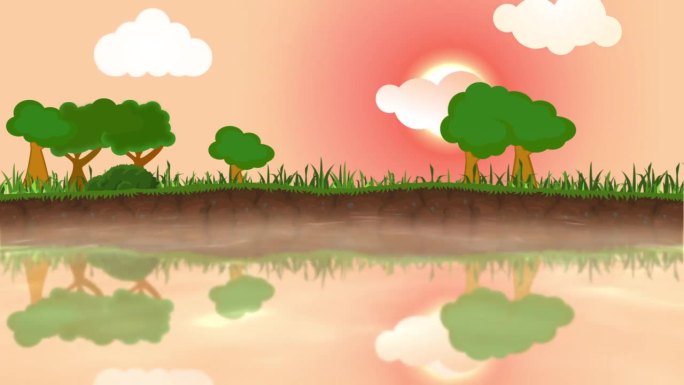 可爱卡通湖面小树白云视频背景
