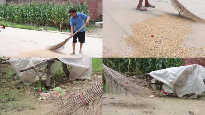 农村农民用竹扫把扫小麦跟扫地上的垃圾