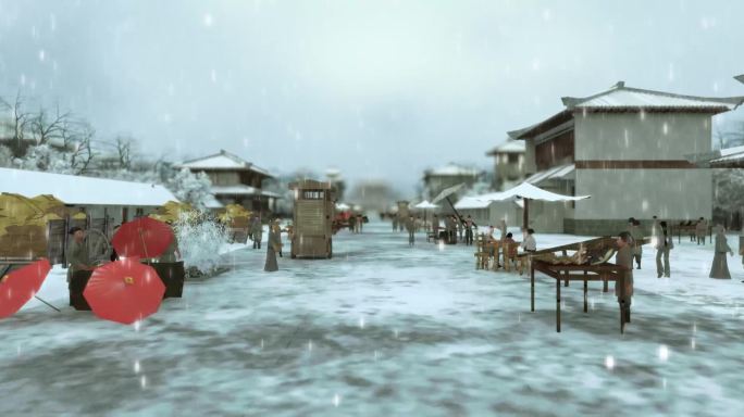 古代街道雪景穿梭三维场景（序列帧）
