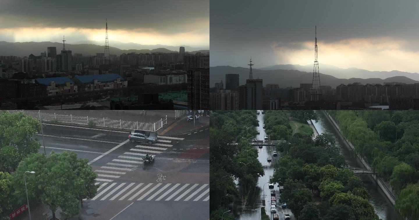大雨城市，斑马线，俯拍车流-北京雨景