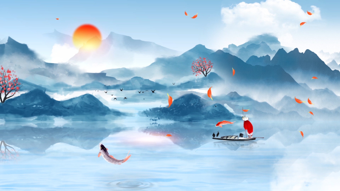 水墨山水鲤鱼跳跃无缝循环