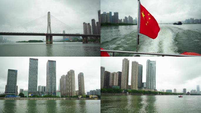4K湘江沿岸城市高楼巡游空镜