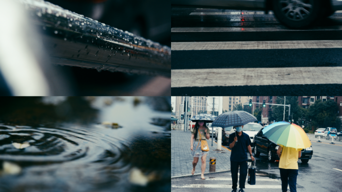 4K下雨雨后的城市、雨中行人、城市雨景