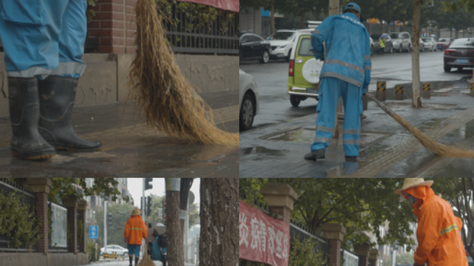 实拍雨天工作的环卫工人