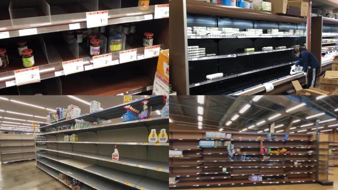 疫情下的国外超市货架抢购物资