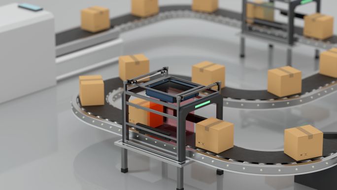 传送带上接受检测的包装箱3D渲染