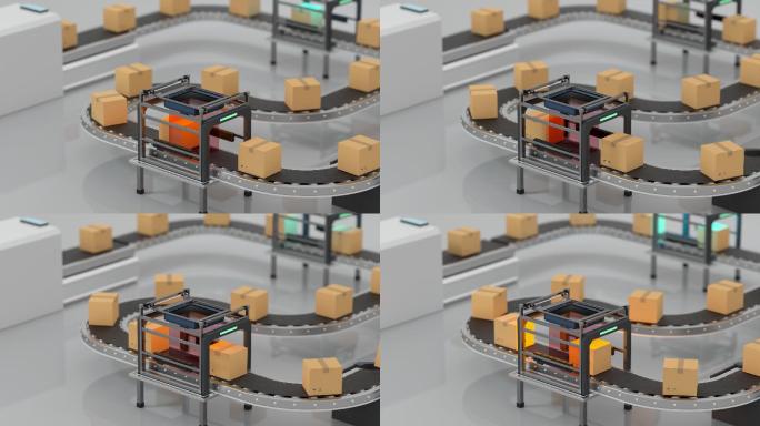 传送带上接受检测的包装箱3D渲染