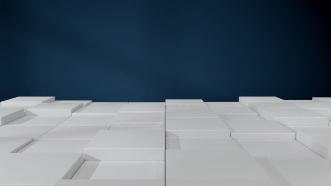 白色起伏的方块地面与蓝色墙面3D渲染