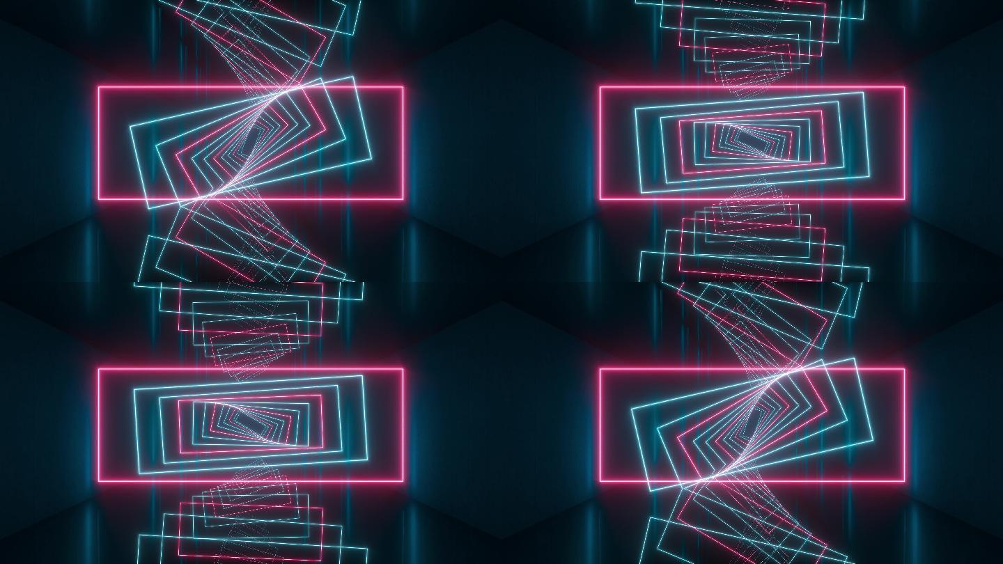 黑暗隧道内旋转的霓虹方框3D渲染