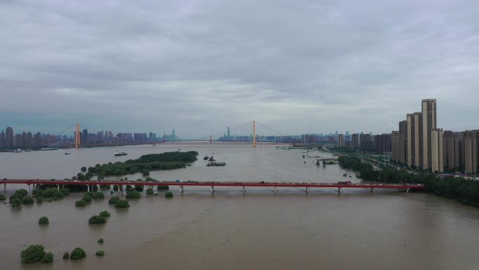4k航拍武汉白沙洲长江大桥洪水
