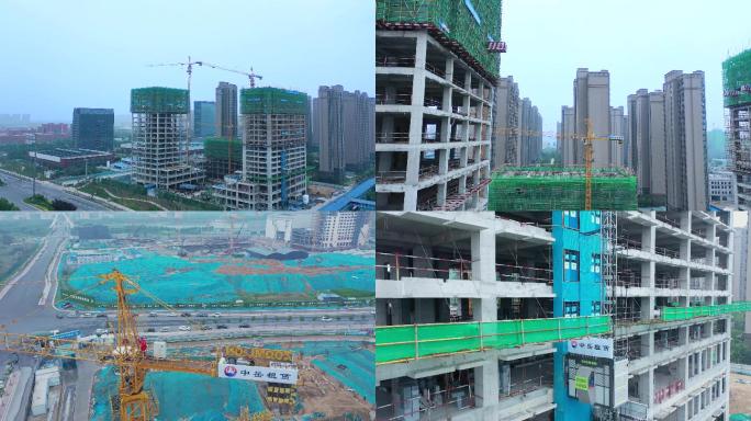 郑州建筑工地航拍塔吊、施工电梯