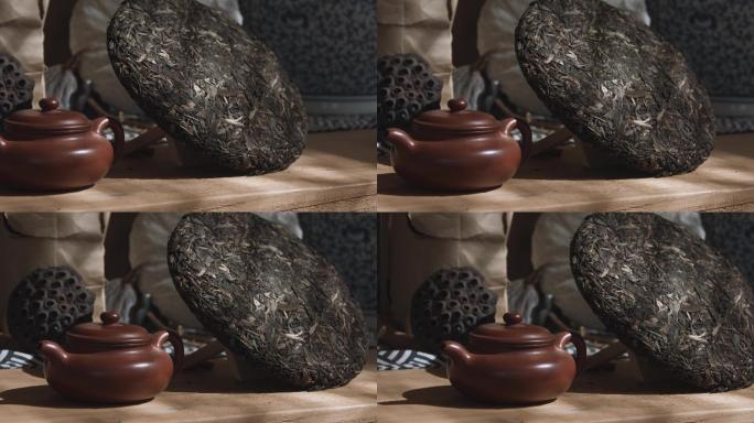4k视频，茶室光影里的紫砂壶和普洱茶饼