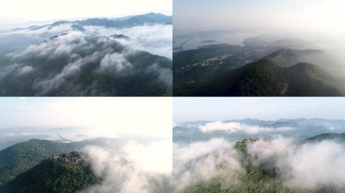 航拍云雾中的杭州玉皇山与八卦田