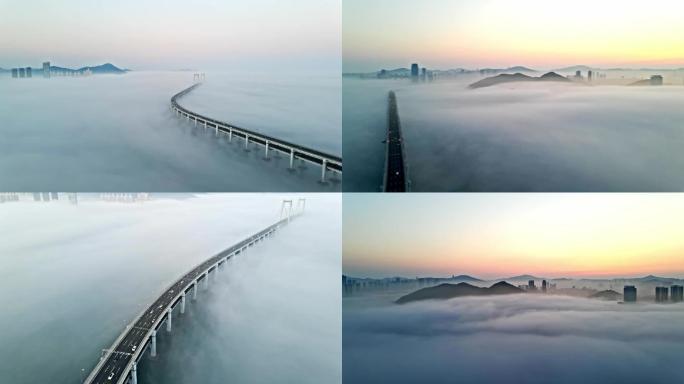 大连跨海大桥平流雾云层穿云大桥