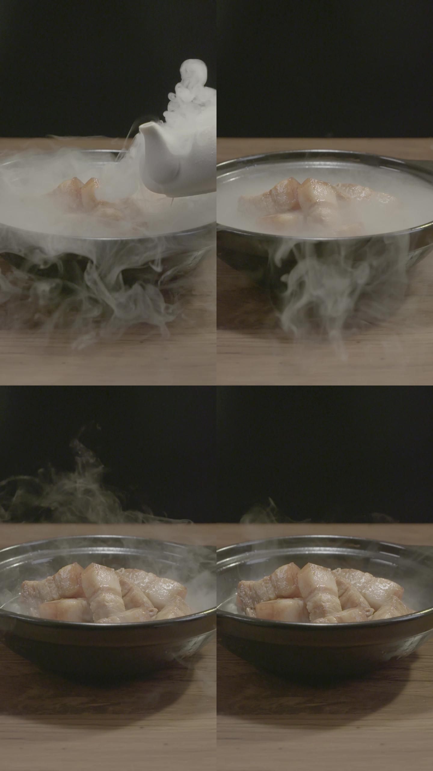 在砂锅里的肉块冒烟展示画面-log