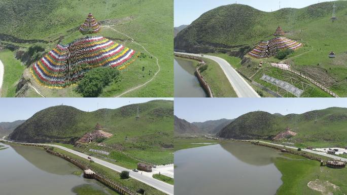 青藏高原甘南夏河桑科草原藏族经幡高清航拍