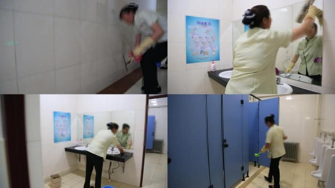 物业保洁员擦走廊墙壁厕所马桶卫生间玻璃
